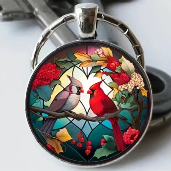 Bee Happy Market Boutique Accessories - Cardinal Keychain Stained Glass Birds Motif Keyring Pendant Floral Multipurpose